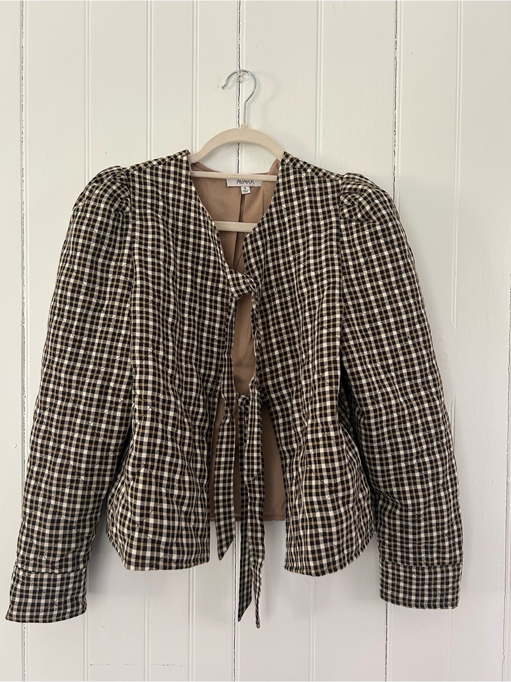 Avara Plaid Cottage-core Puff-Sleeve Tie-Front Quilt Design Jacket Women’s SZ S